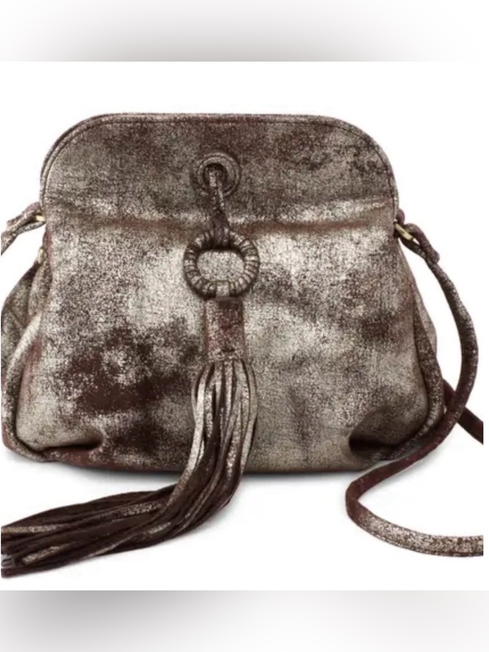 HOBO Leather Crossbody Bag in Metallic Dark Brown